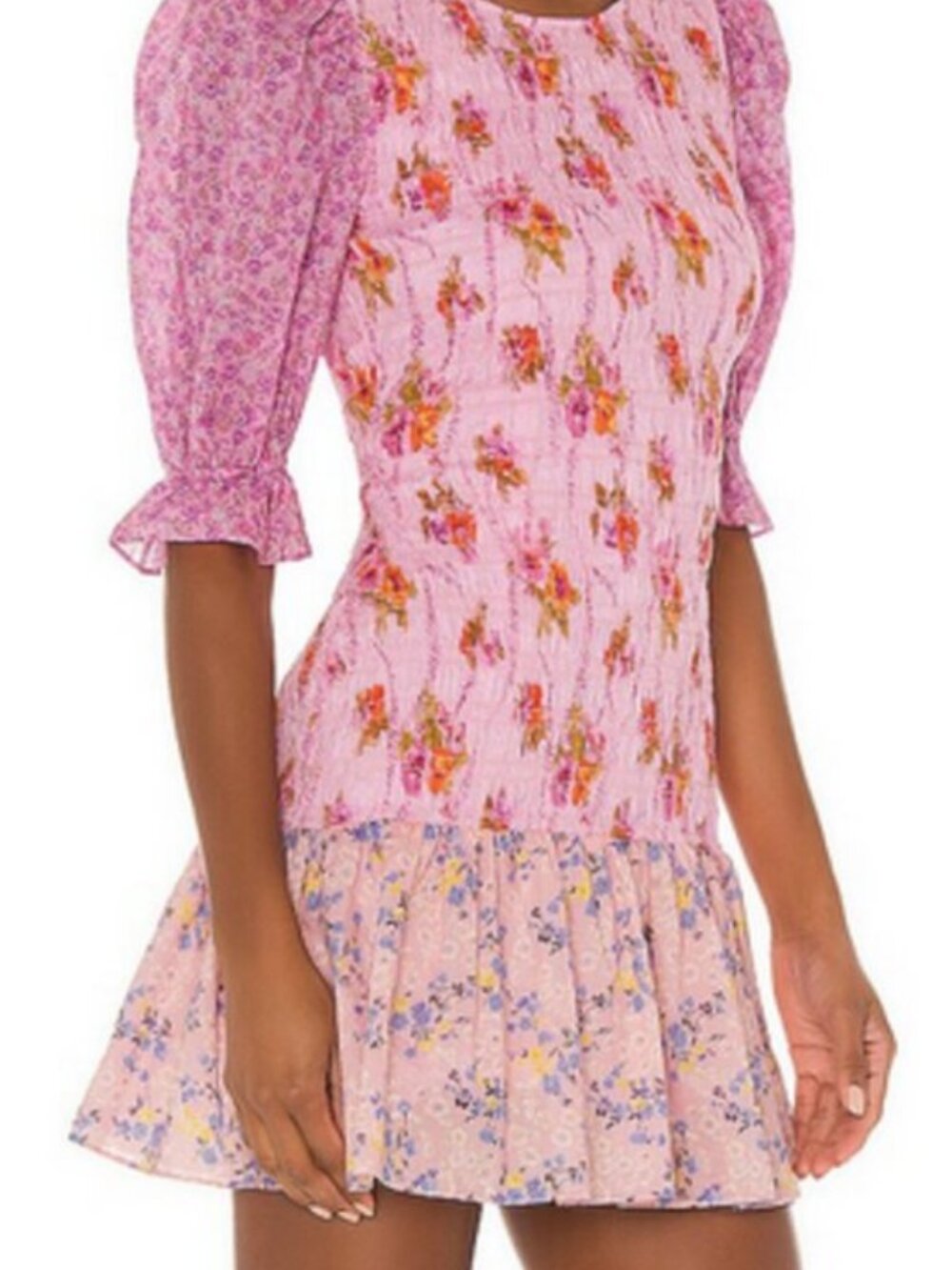 LoveShackFancy Luppa Exploded Pink Floral Smocked Mini Dress Size L